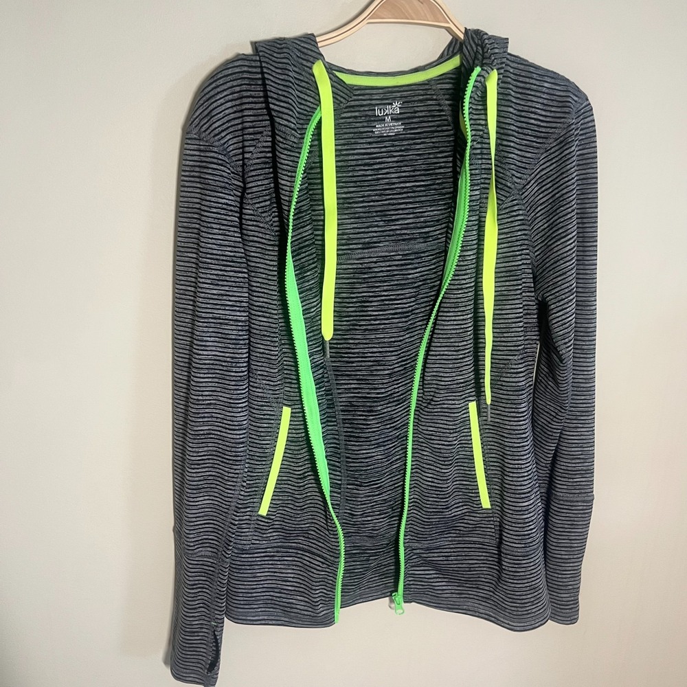 LUKKA Women's Medium Active Black Gray Stripe Full Zip Hoodie Jacket Neon Accent - Picture 9 of 10